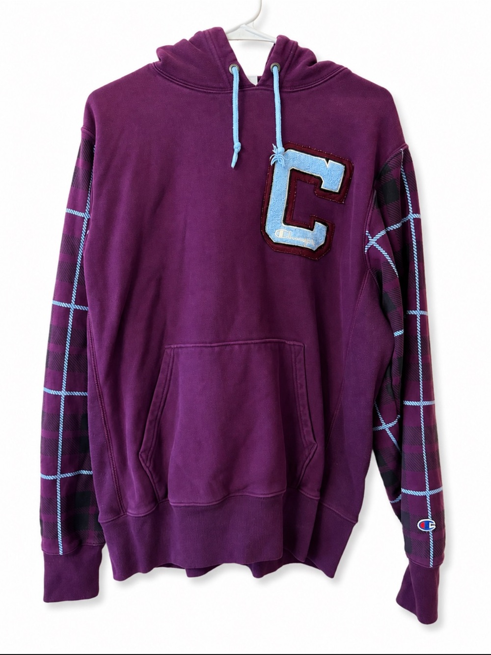Champion Purple Hoodie with Light Blue Lettering and Accents